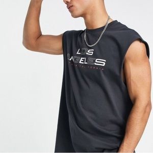 (A1) NEW ASOS DESIGN oversized tank top black,Los Angeles city front print, Sz S